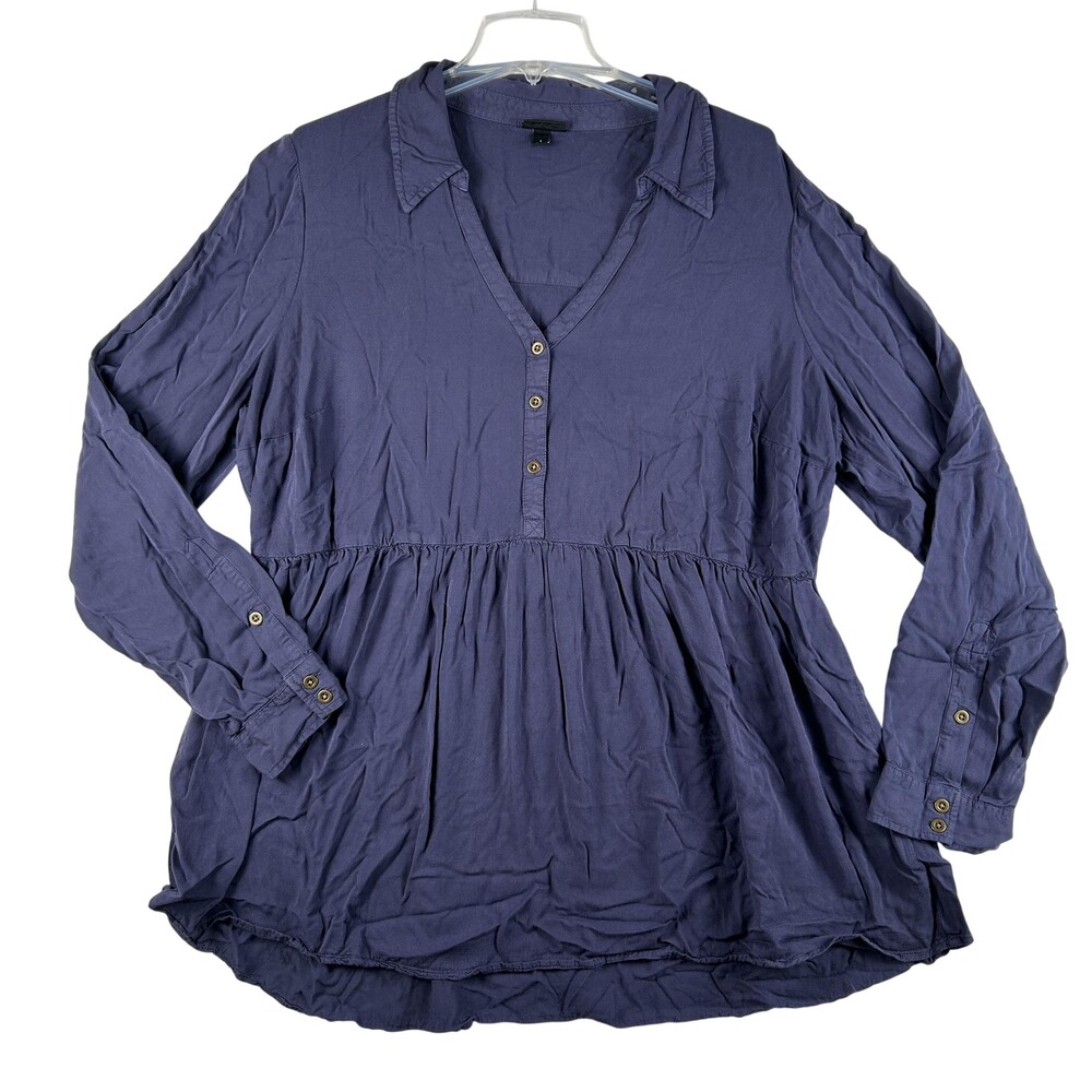 Torrid Blouse Womens 1X Blue Rayon Tunic V-Neck Button Front Long Sleeve Peplum
